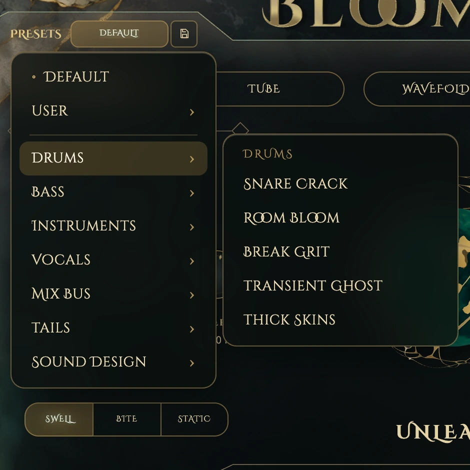 The preset menu: categories Drums, Bass, Instruments, Vocals, Mix Bus, Tails and Sound Design, with the Drums presets open.